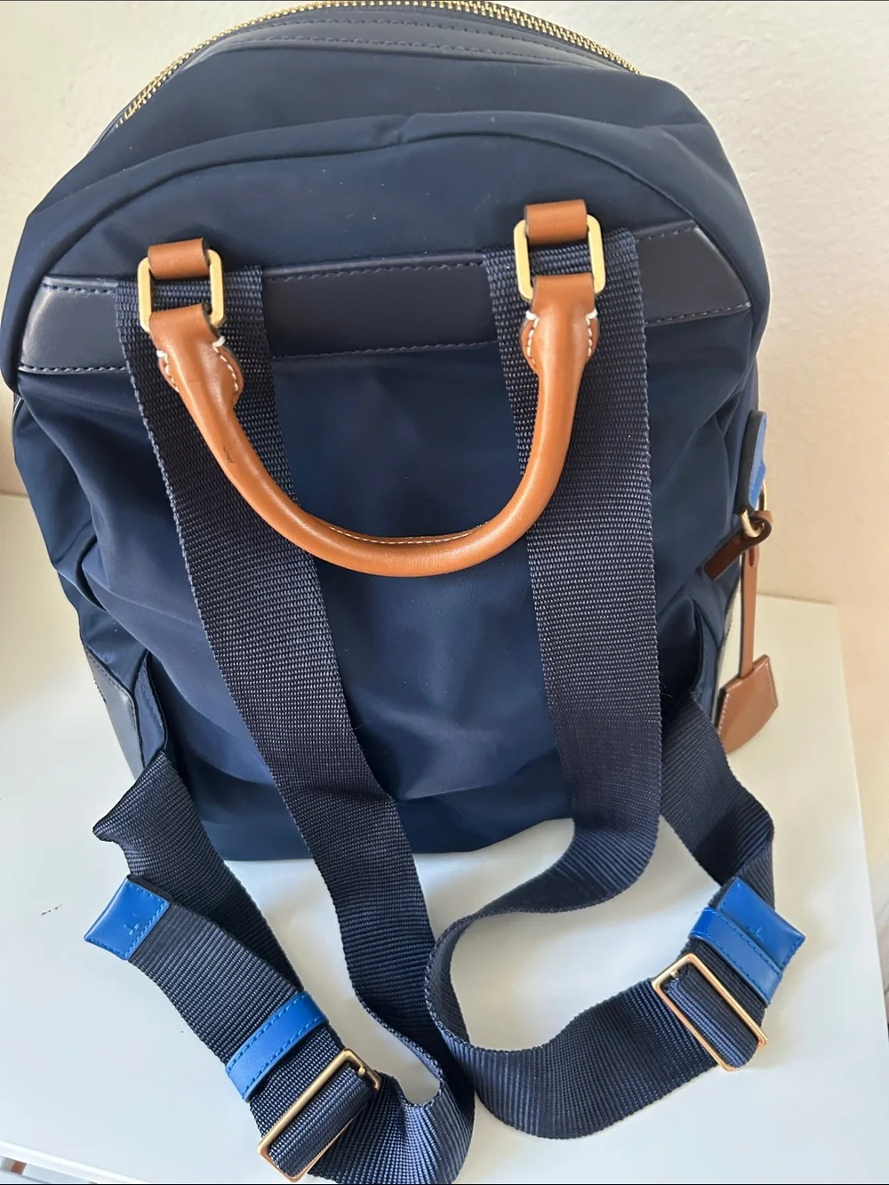 Tory Burch Navy Backpack with Bright Blue Zip Accents